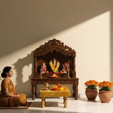 Load image into Gallery viewer, Small Chowki/Stool Square Utility Padded Natural Finish - Golden (4-Leg)
