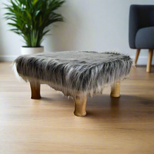 Load image into Gallery viewer, Small Chowki/Stool Square Utility Padded Natural Finish - Gray Faux Fur (4-Leg)
