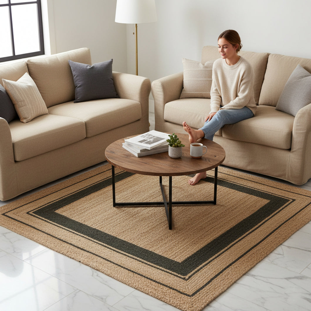 Square Border Braided Natural Rug Hand Woven Jute/Rug - Black, Beige