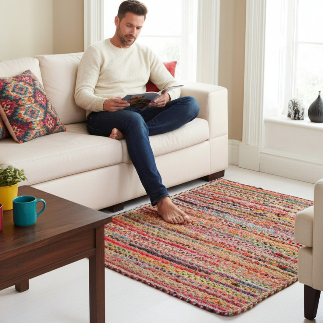 Square Braided Natural Rug Hand Woven Jute/Rug - Multicolor