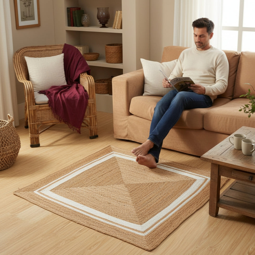 Square Braided Natural Rug Hand Woven Jute/Rug - White, Beige