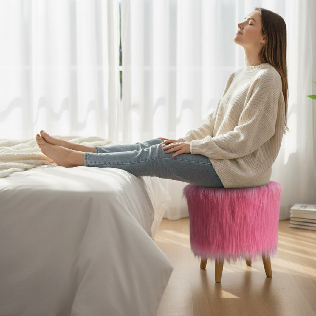 Bohemian Home Round Utility Padded Stool/ Ottoman Natural Finish - 4 Leg, Pink Faux Fur