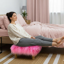 Load image into Gallery viewer, Small Chowki/Stool Square Utility Padded Natural Finish - Pink Faux Fur (4-Leg)
