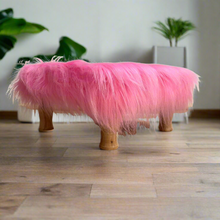 Load image into Gallery viewer, Small Chowki/Stool Square Utility Padded Natural Finish - Pink Faux Fur (4-Leg)
