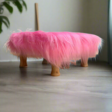 Load image into Gallery viewer, Small Chowki/Stool Square Utility Padded Natural Finish - Pink Faux Fur (4-Leg)
