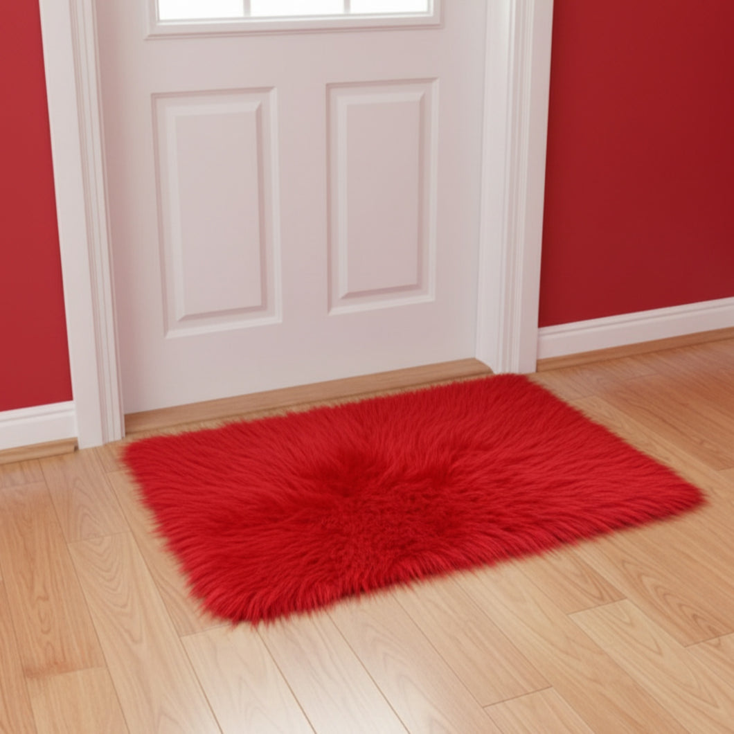 Red Faux Fur Mat, Luxury Fluffy Area Rug - 2x3 feet