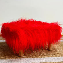 Load image into Gallery viewer, Small Chowki/Stool Square Utility Padded Natural Finish - Red Faux Fur (4-Leg)
