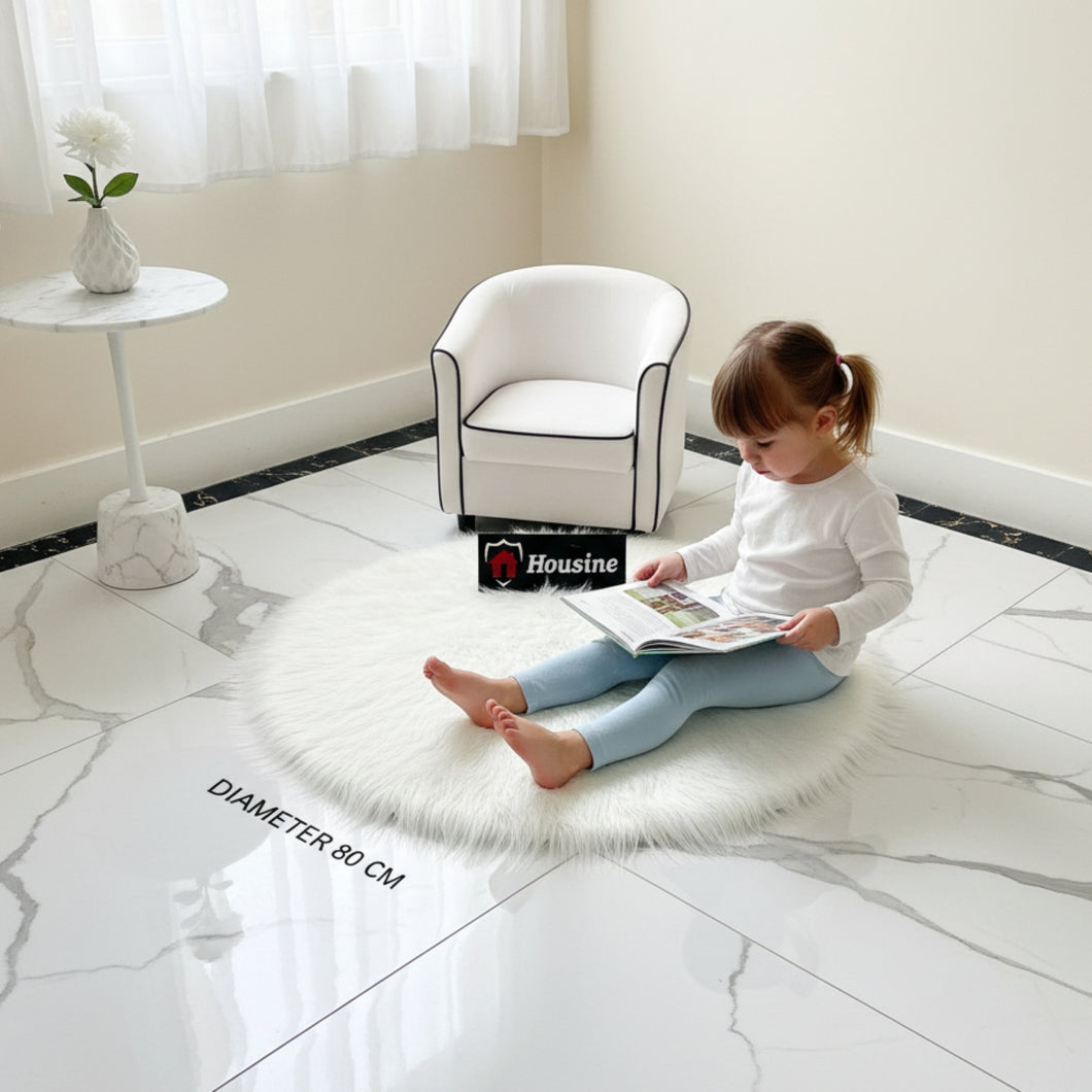 White Round Faux Fur Rug, Luxury Fluffy Area Rug - 80x80 cm