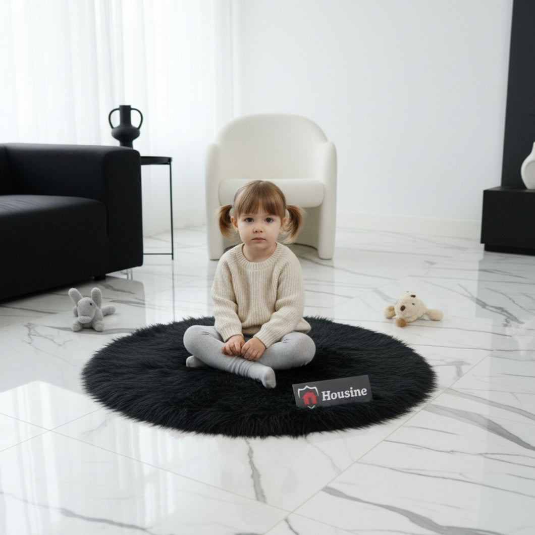 Black Round Faux Fur Rug, Luxury Fluffy Area Rug - 80x80 cm