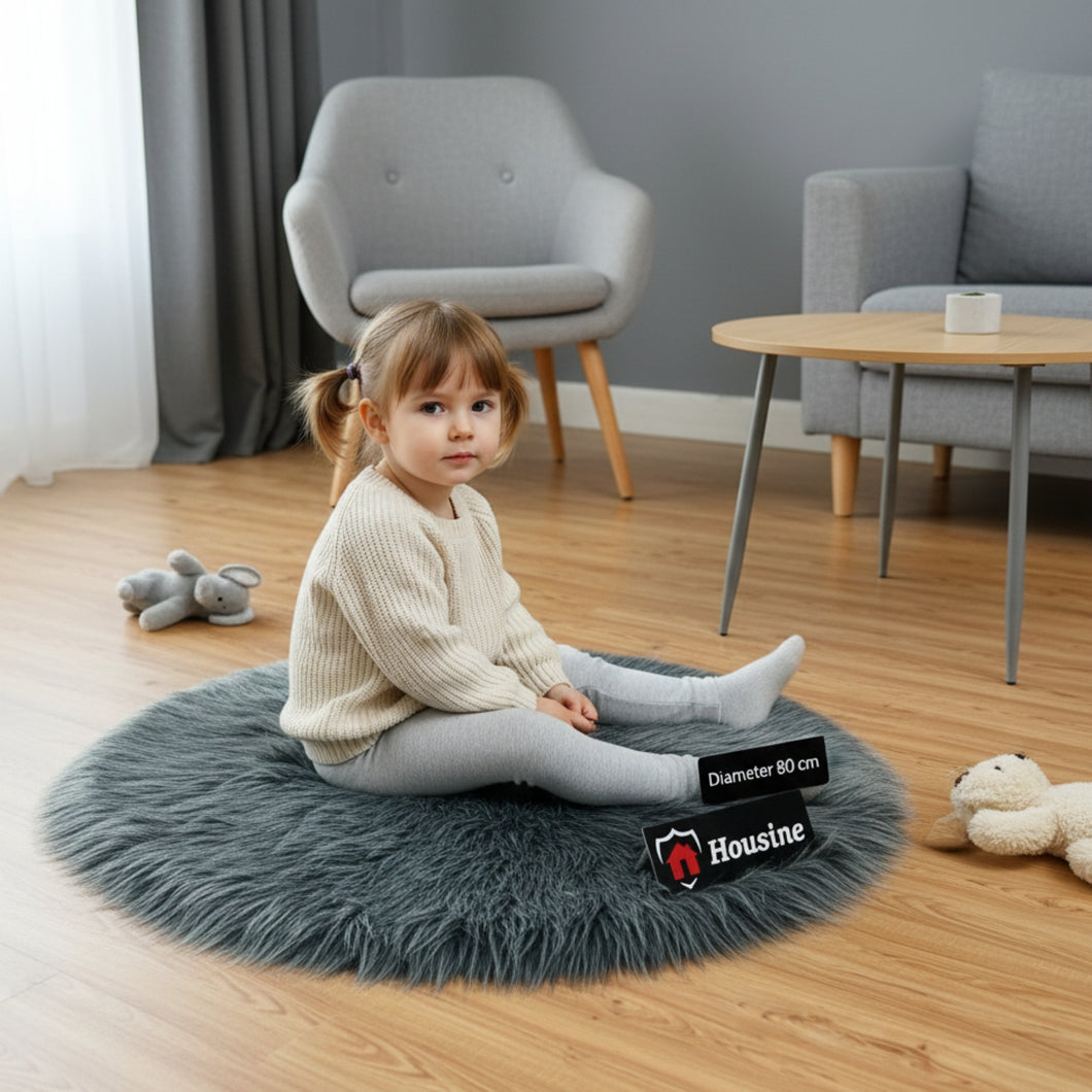 Grey Round Faux Fur Rug, Luxury Fluffy Area Rug - 80x80 cm