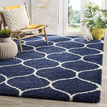Load image into Gallery viewer, Premium Microfiber Shag Area Rug – Ultra-Soft Navy Blue Moroccan Geometric Carpet for Living Room &amp; Bedroom
