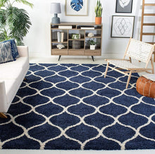 Load image into Gallery viewer, Premium Microfiber Shag Area Rug – Ultra-Soft Navy Blue Moroccan Geometric Carpet for Living Room &amp; Bedroom
