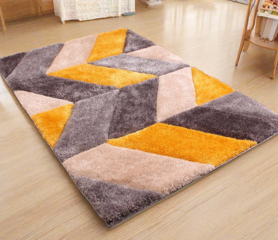 Gray with Yellow 3D Cut Collection Classical Look Shaggy Carpet/Rug