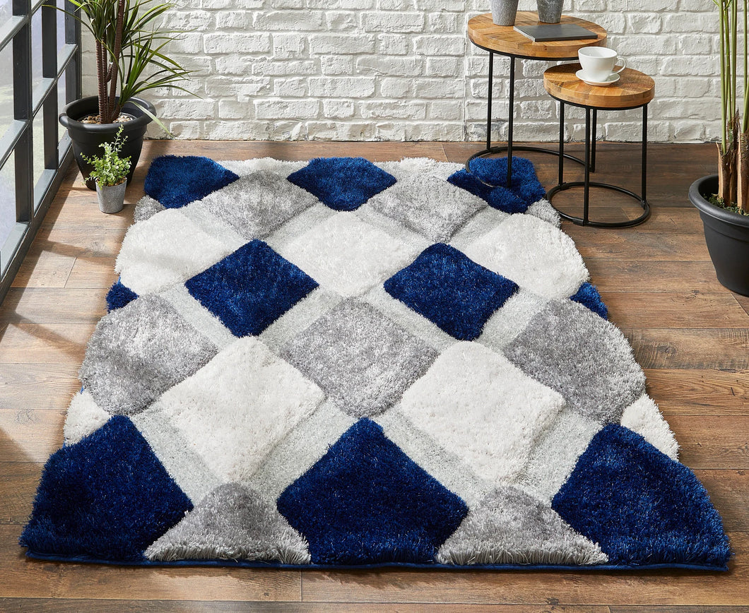 Silver With Blue Multi Modern Premium Shaggy Rug