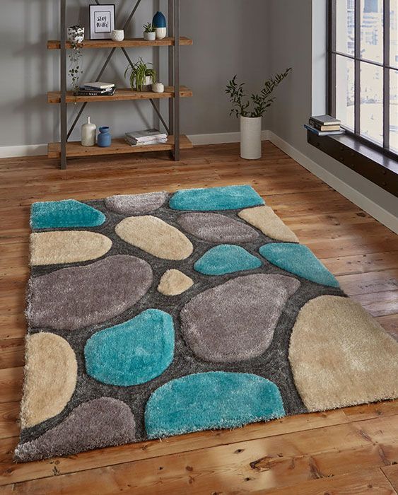 Aqua With Grey 3D Designs Shag Rug/mat/Carpet