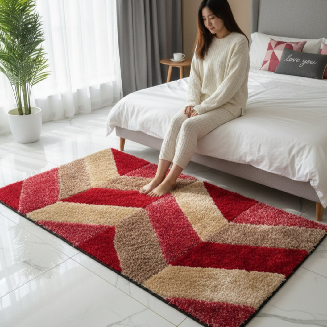 Stylish Red Beige Multi Design Shag Rug