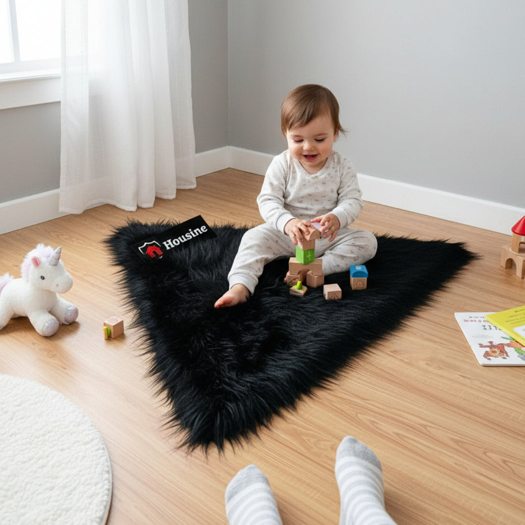 Black Triangle Faux Fur Rug, Luxury Fluffy Area Rug - 90x90 cm