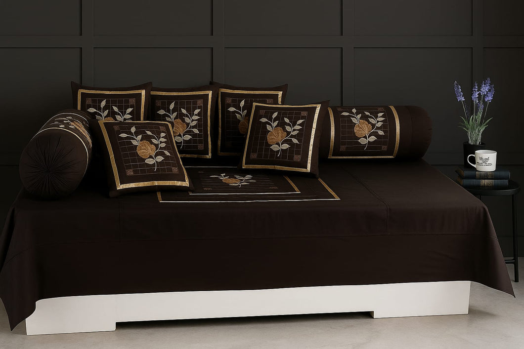 Brown Quilted Designer Cotton Diwan Set- 8 Pieces Set