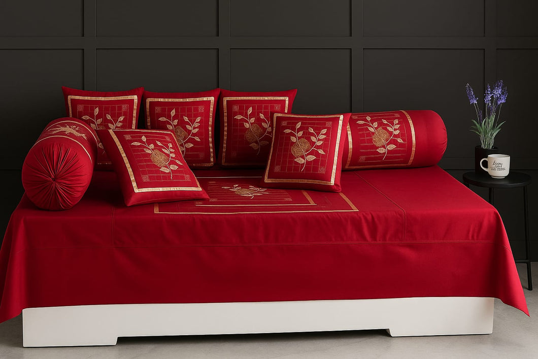 Red Quilted Designer Diwan Set - 8 Pieces Set