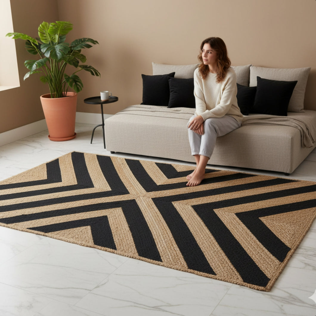 Braided Natural Black Geometric Jute hand-woven Area Rug/carpet
