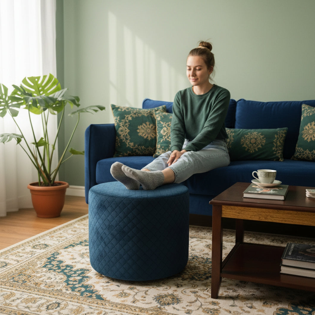 Round Utility Padded Stool/ Ottoman - 4 Leg, Blue color