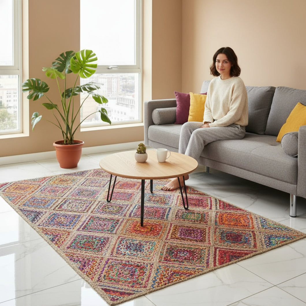 Braided Natural Multicolor geometric jute hand-woven Area Rug