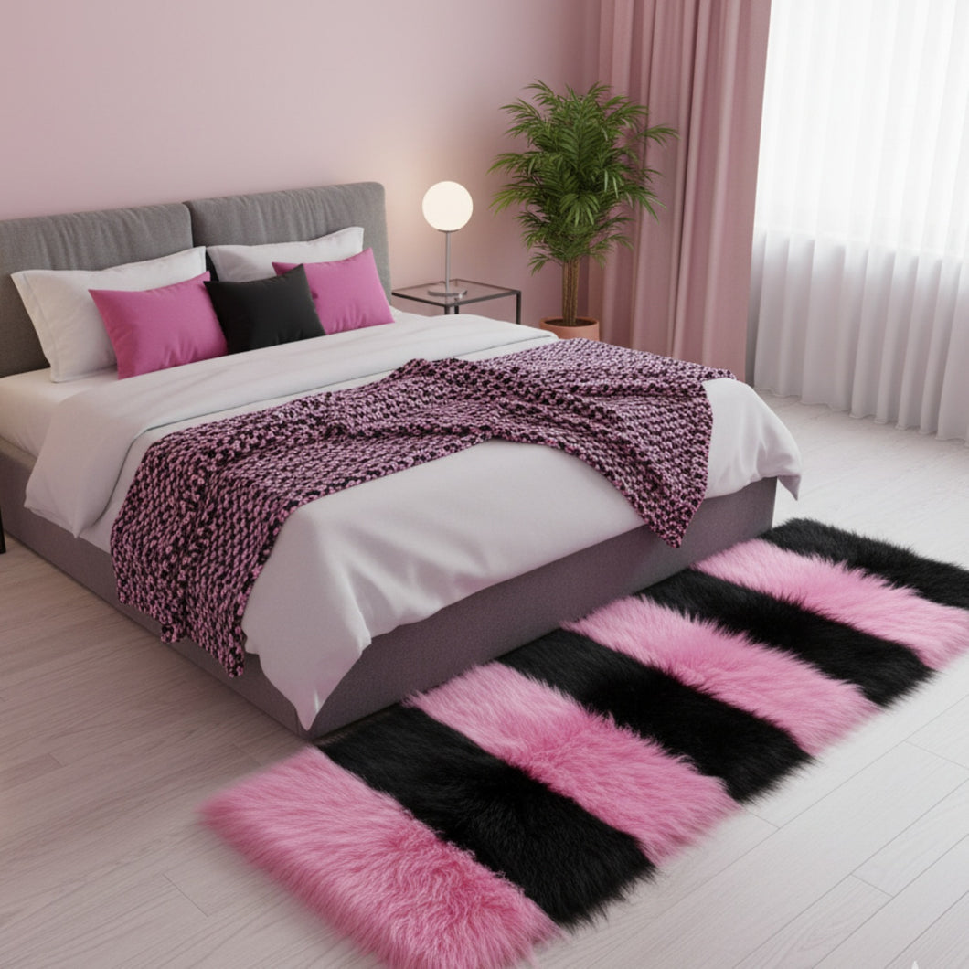 Pink & Black Bedside Faux Fur Runner, Luxury Fluffy Runner