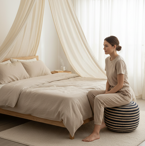 Woman sitting on a striped ball next to a bed in a softly lit bedroom.