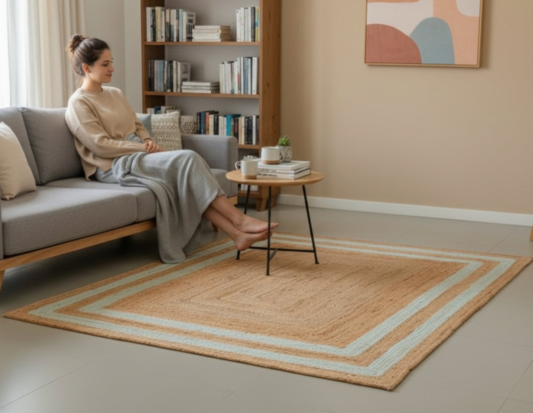 Square Braided Rug Hand Woven Jute/Rug - White/Beige