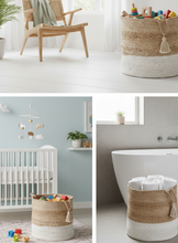 Load image into Gallery viewer, Woven storage basket with colorful toys in various settings including a living room, nursery, and bathroom.
