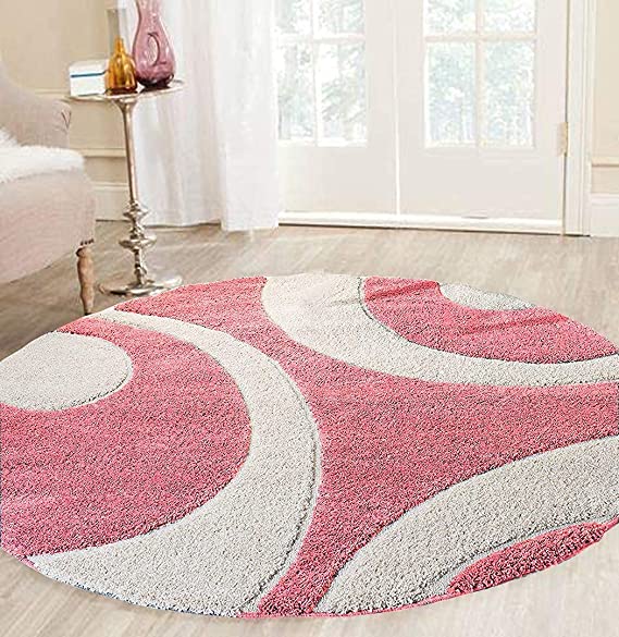 Pink & Ivory - Premium Soft Modern  Round Shaggy Rug