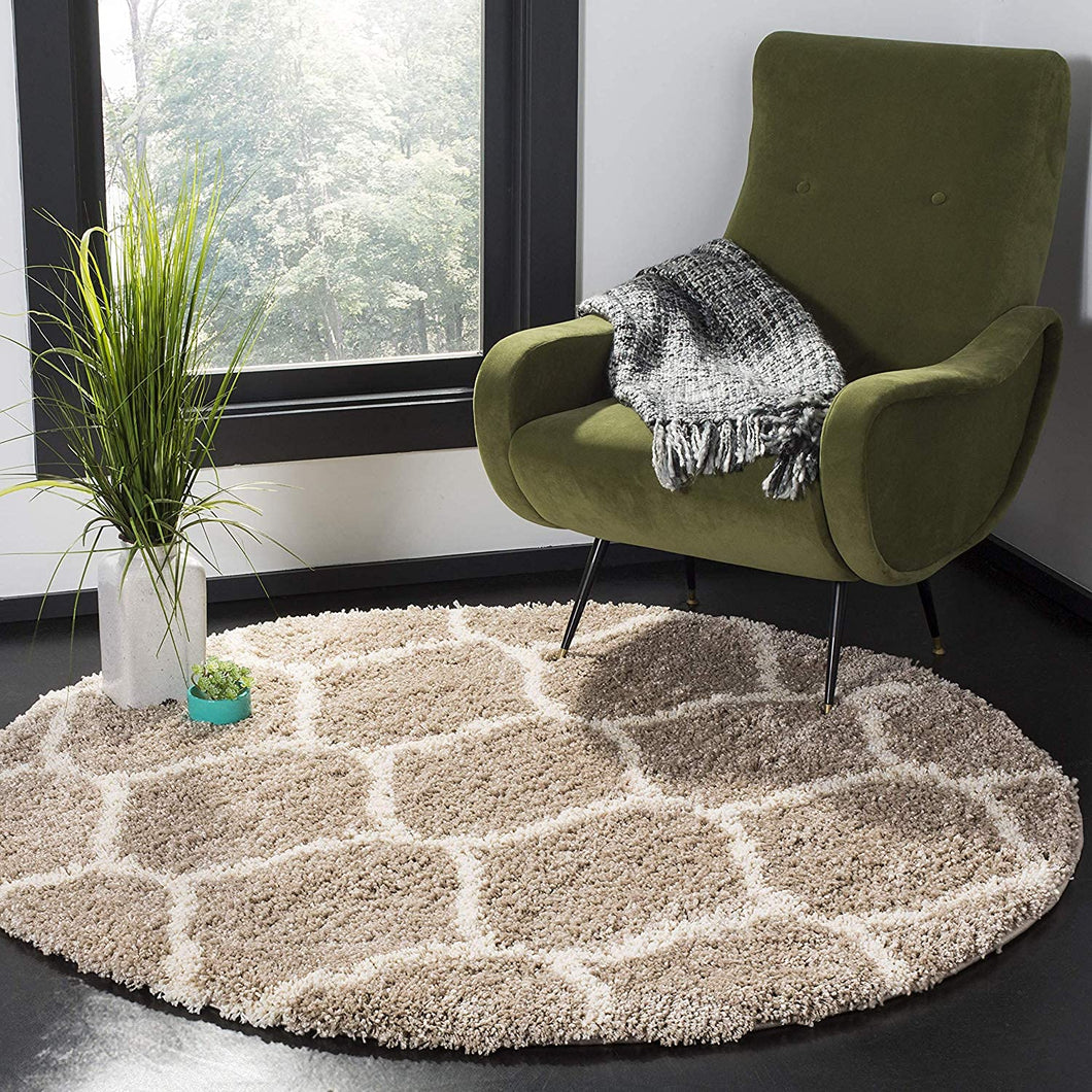 Premium Soft Modern Round Shaggy Rug - Beige with Ivory