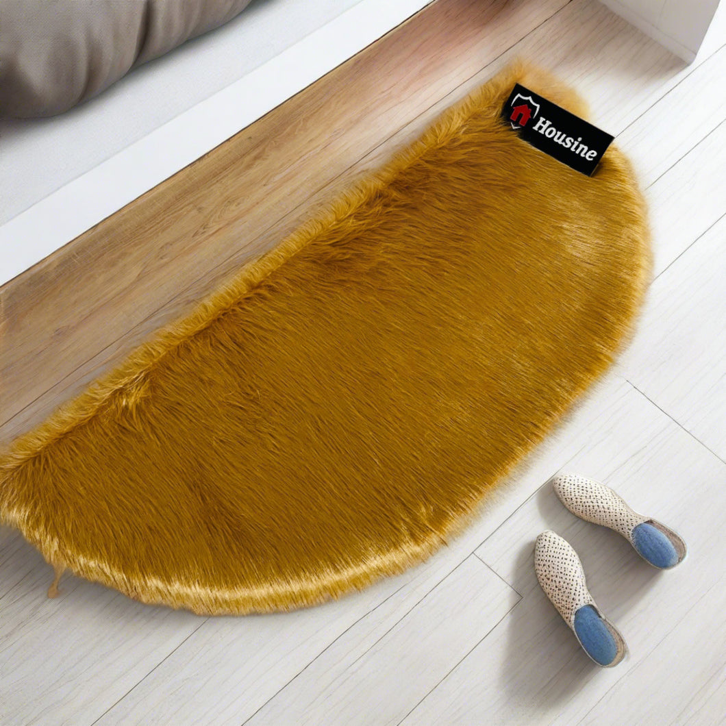 D Shape Bedside Faux Fur Runner, Luxury Fluffy Runner - 60x150 Cm - Golden