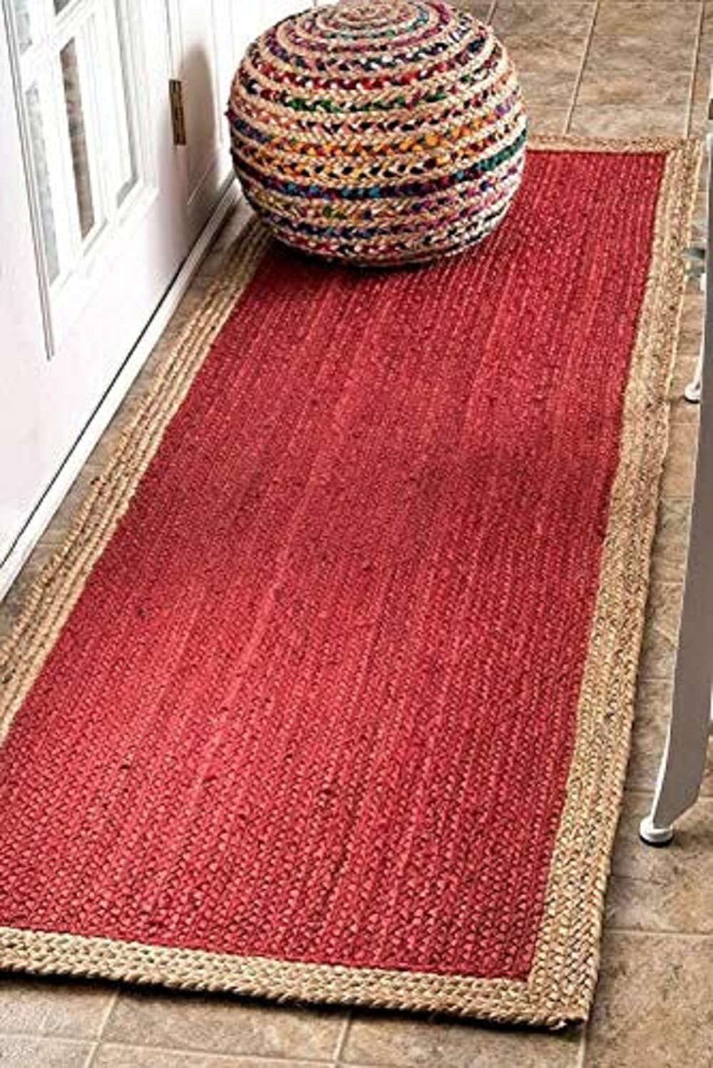 Braided Natural Jute & Red Cotton Bedside Runner