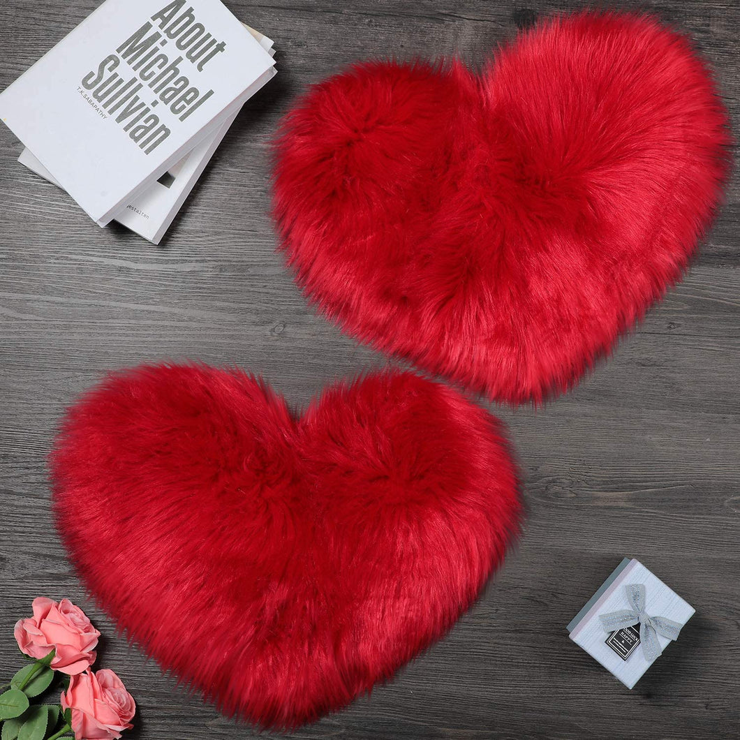 2 Pieces Fluffy Faux Area Rug Heart Shaped Rug for Home  - Red