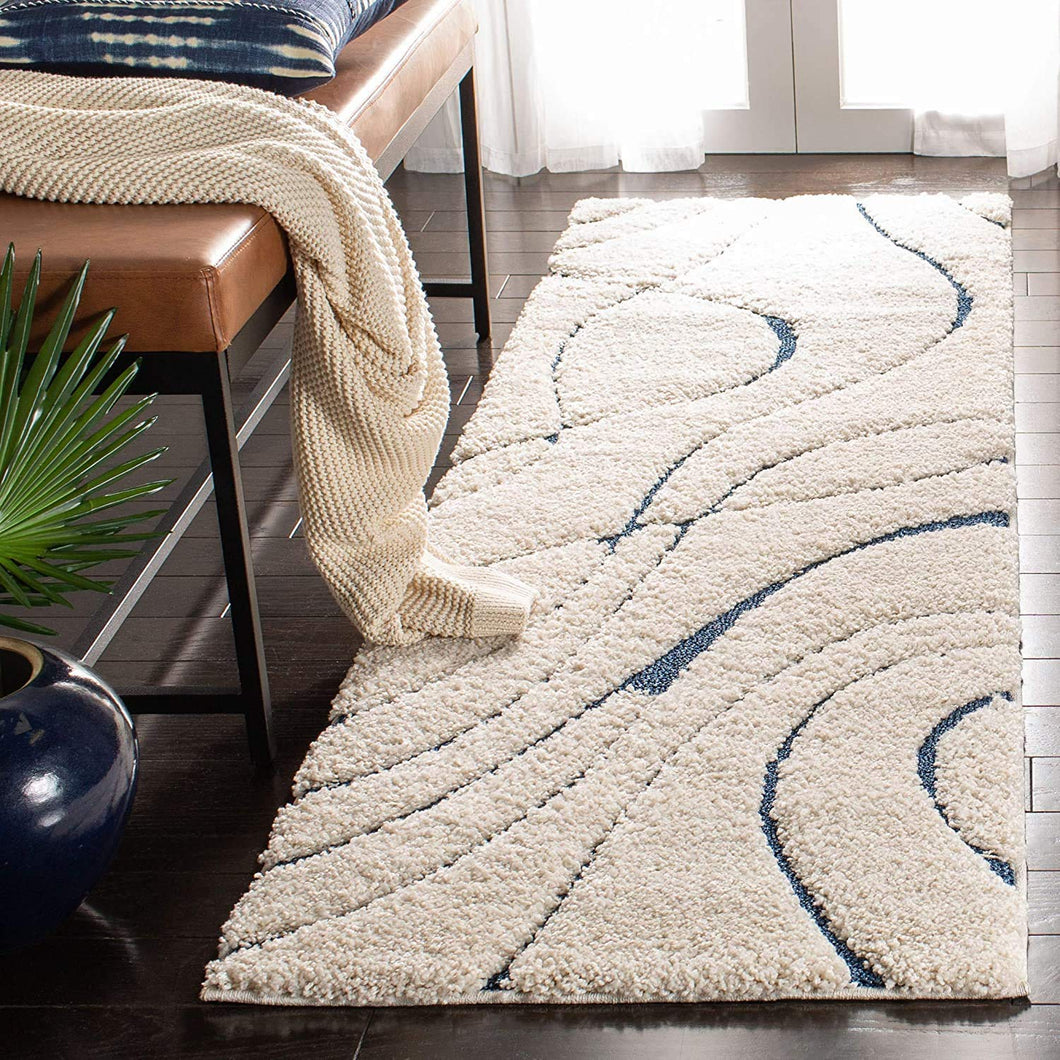Blue & Ivory Plain Shaggy Bedside runner Rug
