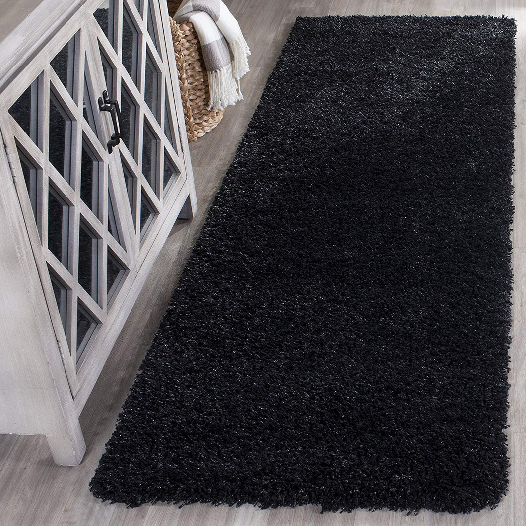 Black Plain Shaggy Bedside runner Rug