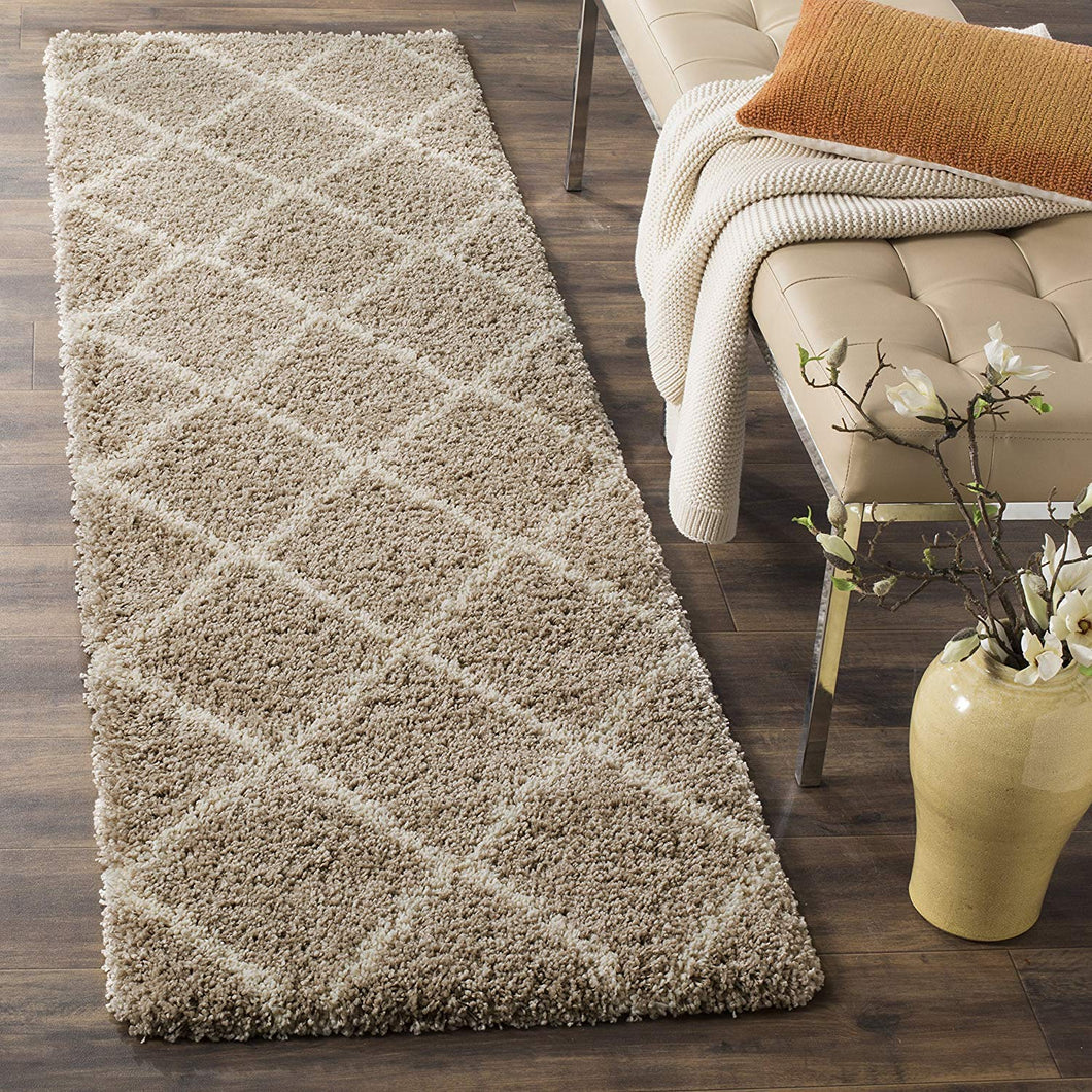 Beige & Ivory Plain Shaggy Bedside runner