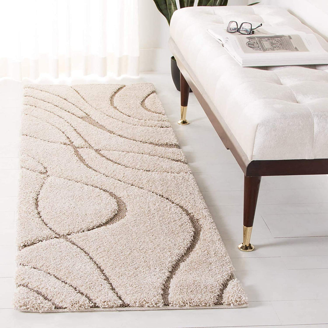 Beige & Ivory Plain Shaggy Bedside runner