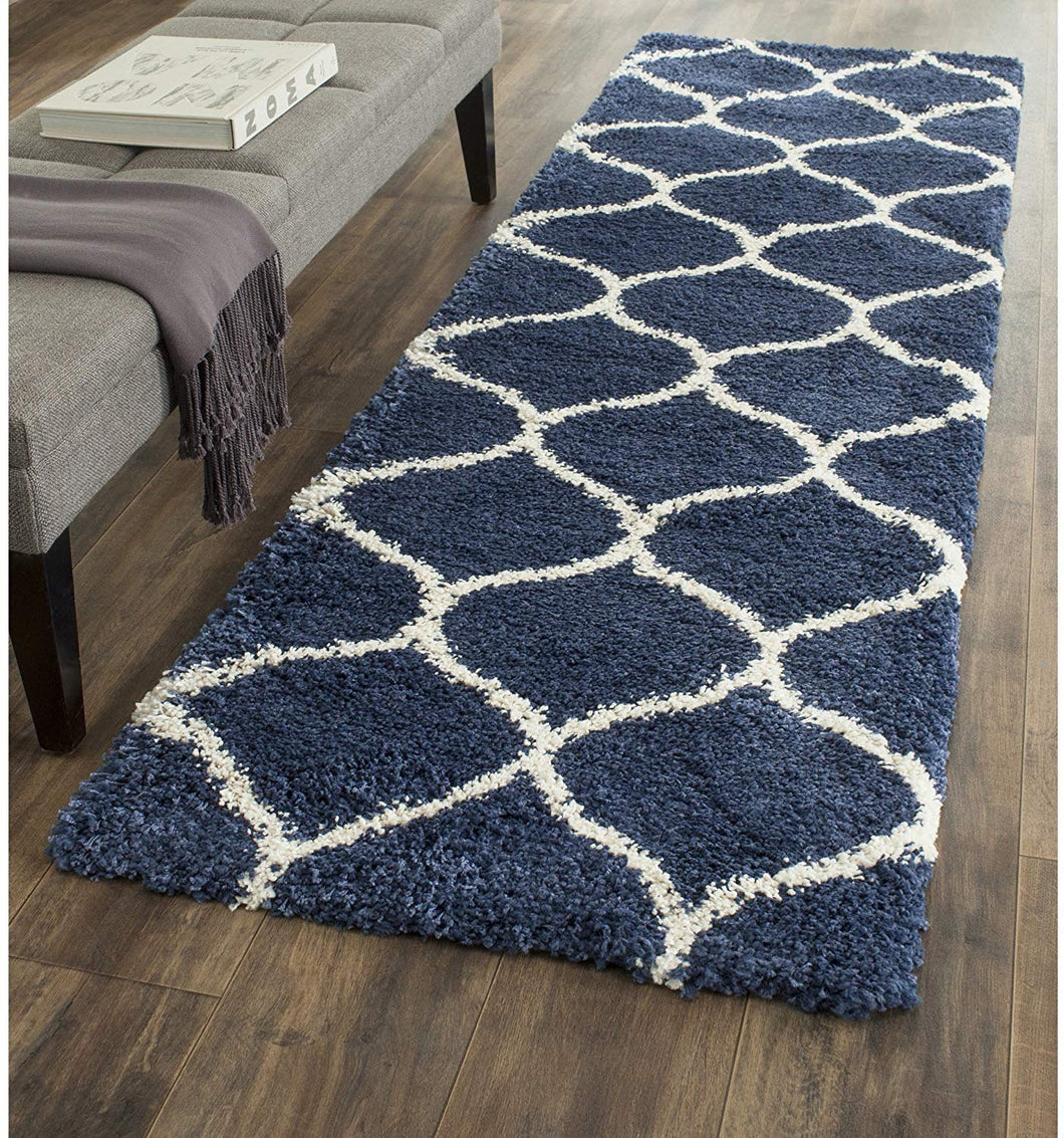 Blue & Ivory Plain Shaggy Bedside runner