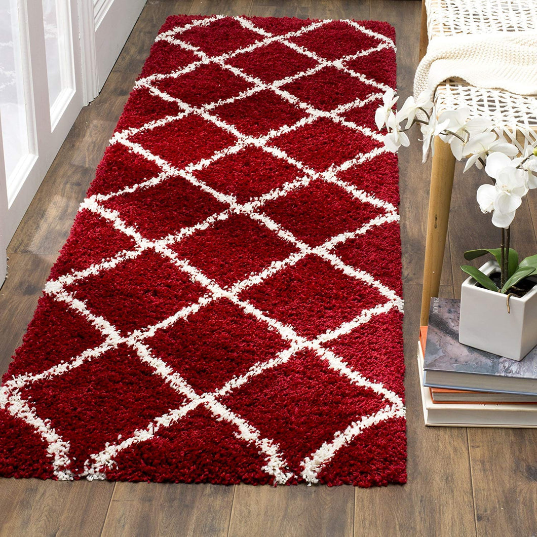 Red & Ivory Plain Solid Shaggy Bedside runner