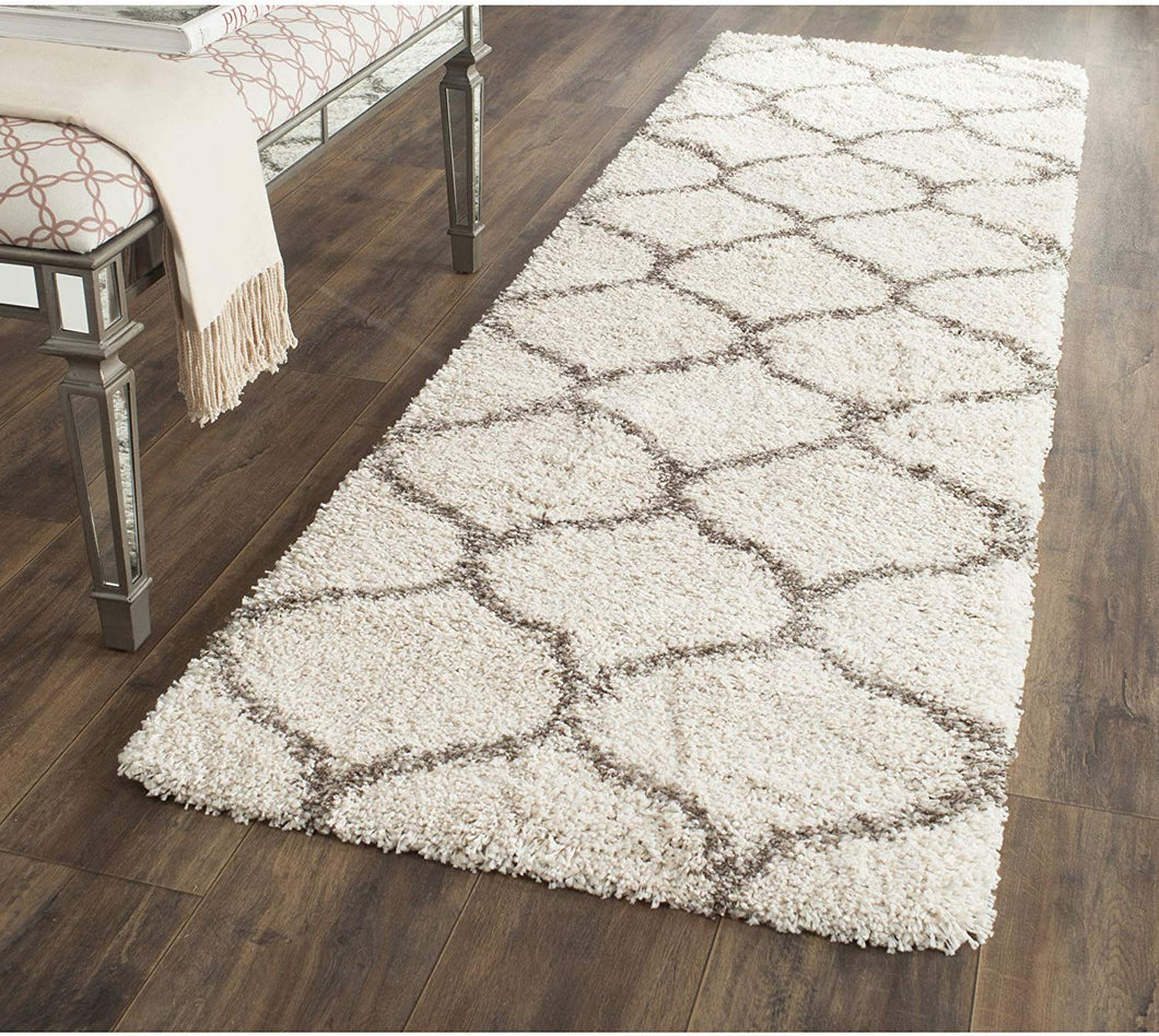 Ivory & Grey Plain Soft Shaggy Bedside runner