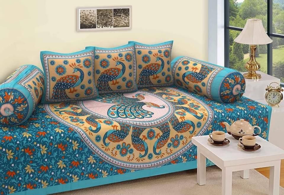 Jaipuri Cotton Aqua Multi - 6 Pieces Diwan Set