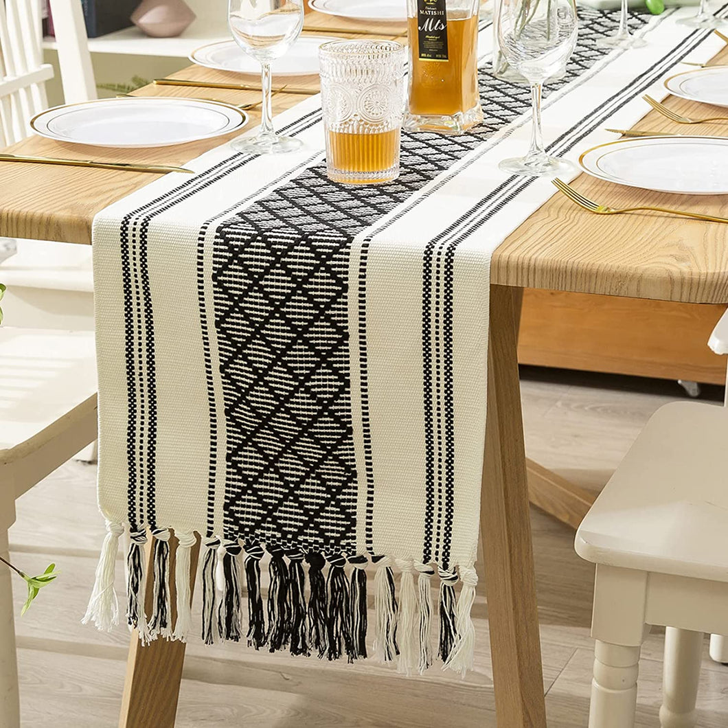 Boho Table Runner with Tassels 14 x 72 Inches, Black & Cream