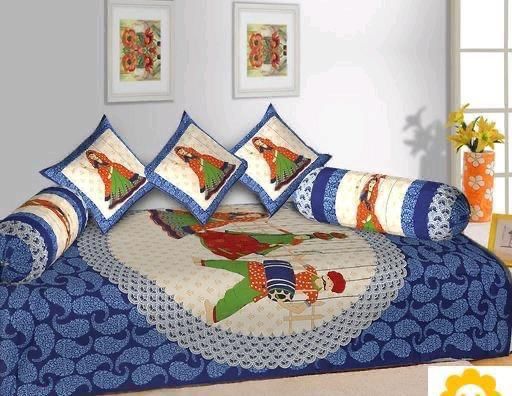 Jaipuri Cotton Blue Multi - 6 Pieces Diwan Set