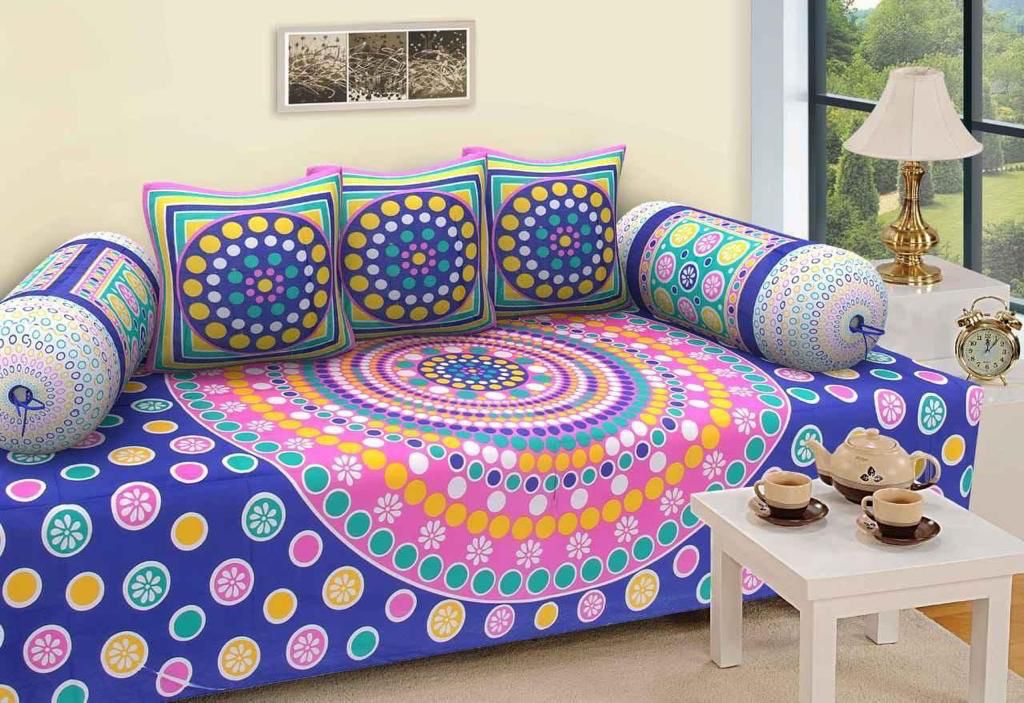 Jaipuri Cotton Blue Polka Dot - 6 Pieces Diwan Set