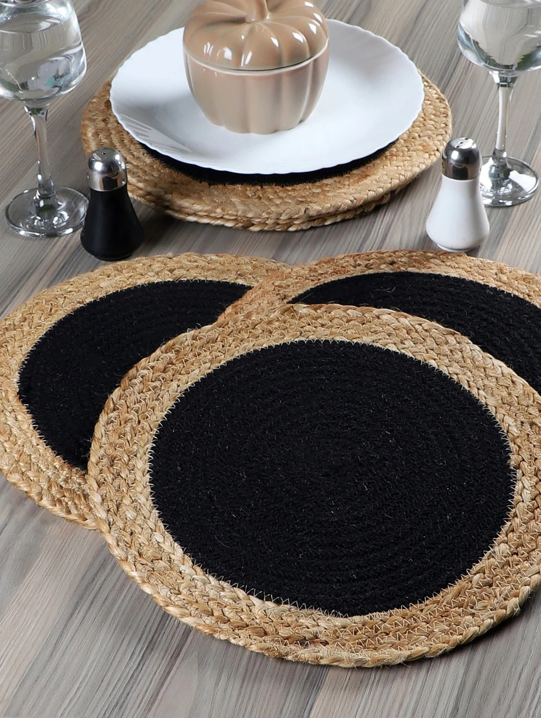 Natural Jute with black Hand Braided Table Mats - 15” Diameter - 38cm