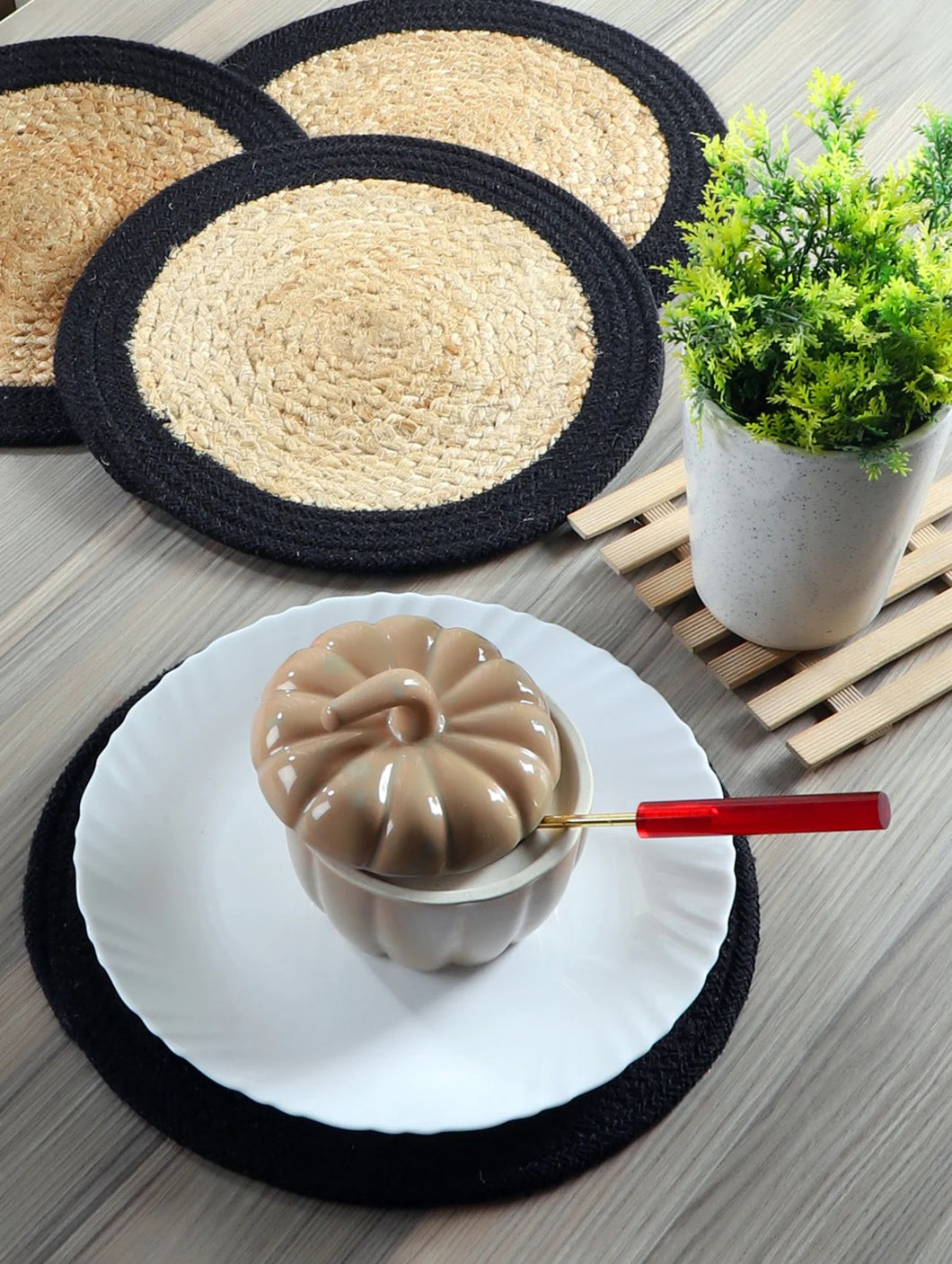 Natural Black with Jute Hand Braided Table Mats - 15” Diameter - 38cm