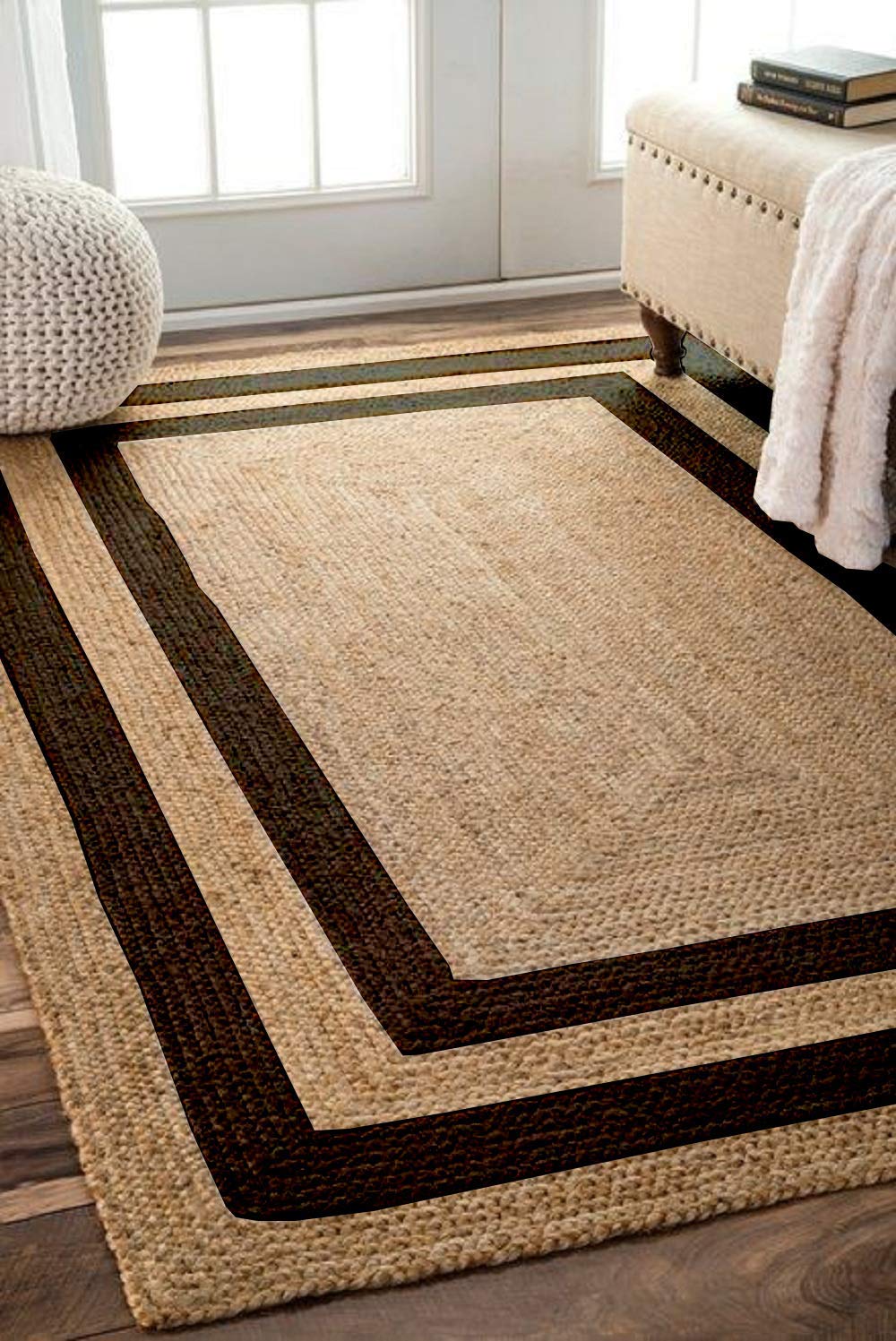 Braided Natural Jute with Black Cotton Collection Hand Woven Area Rug