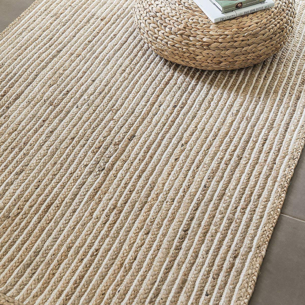 Natural Jute with White cotton Classic Hand Woven Area Rug